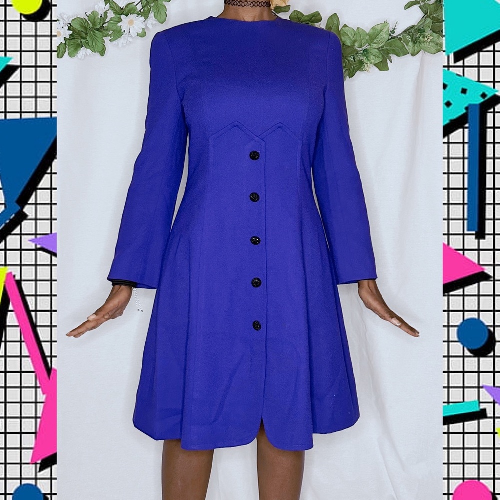 Badgley Mischka Vintage 80s Blue Wool Dress